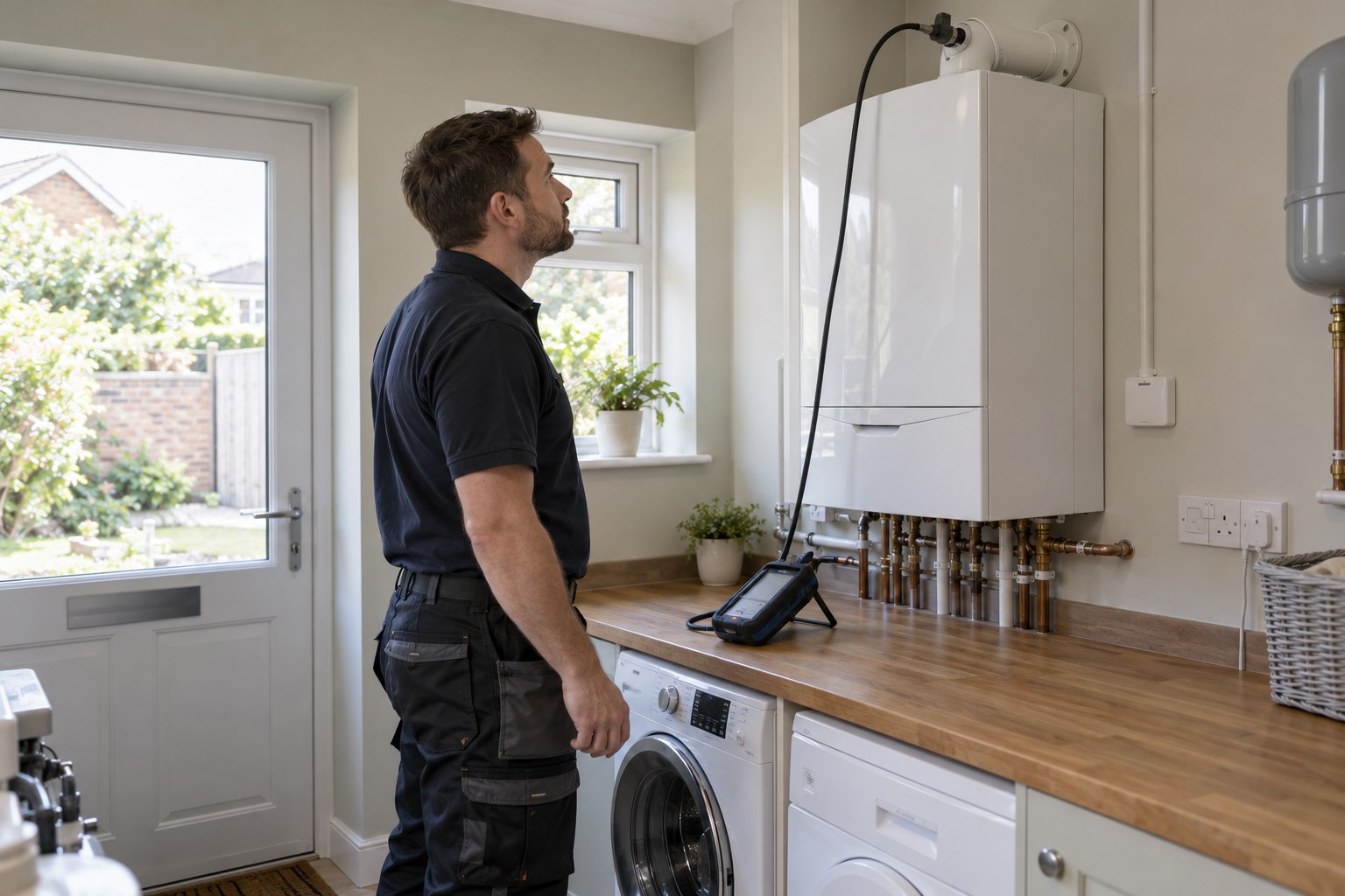 Heating engineer checking boiler combustion with a flue gas analyser