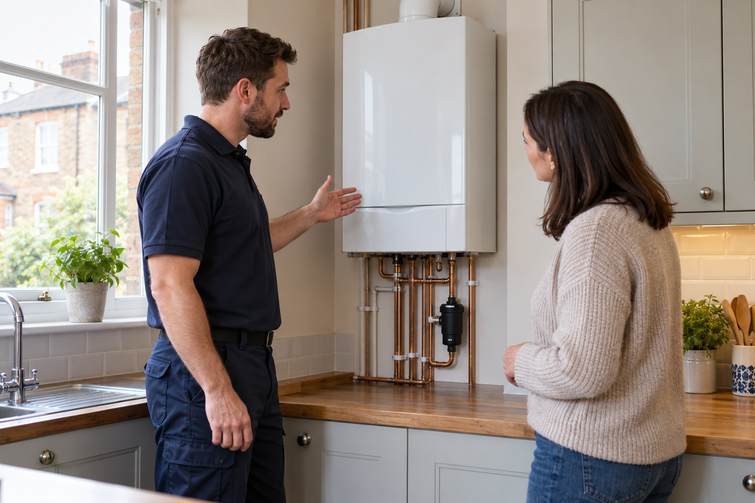 Heating engineer discussing a closed wall-mounted boiler with a homeowner in a British kitchen