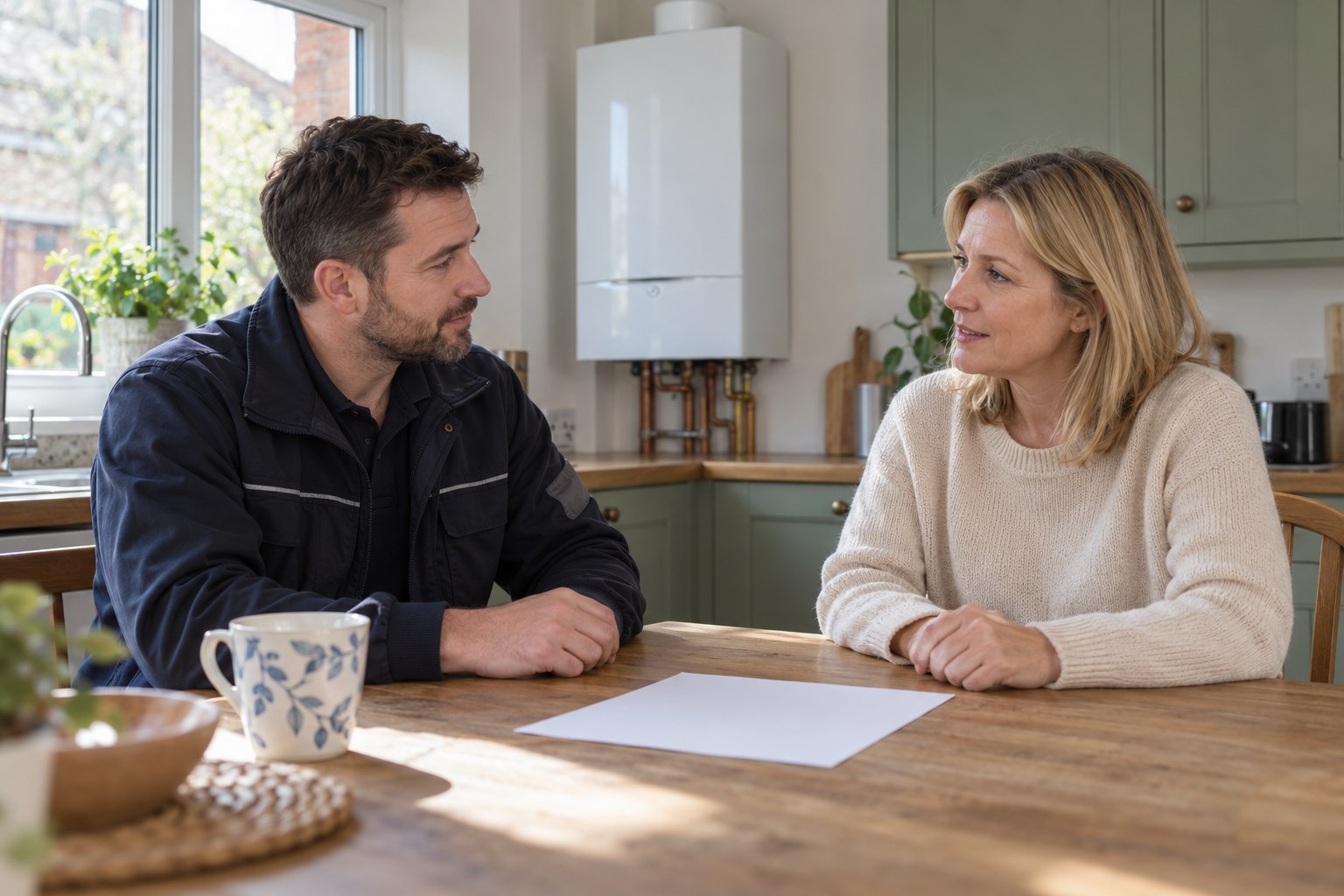 Homeowner and heating engineer discussing boiler work at a kitchen table