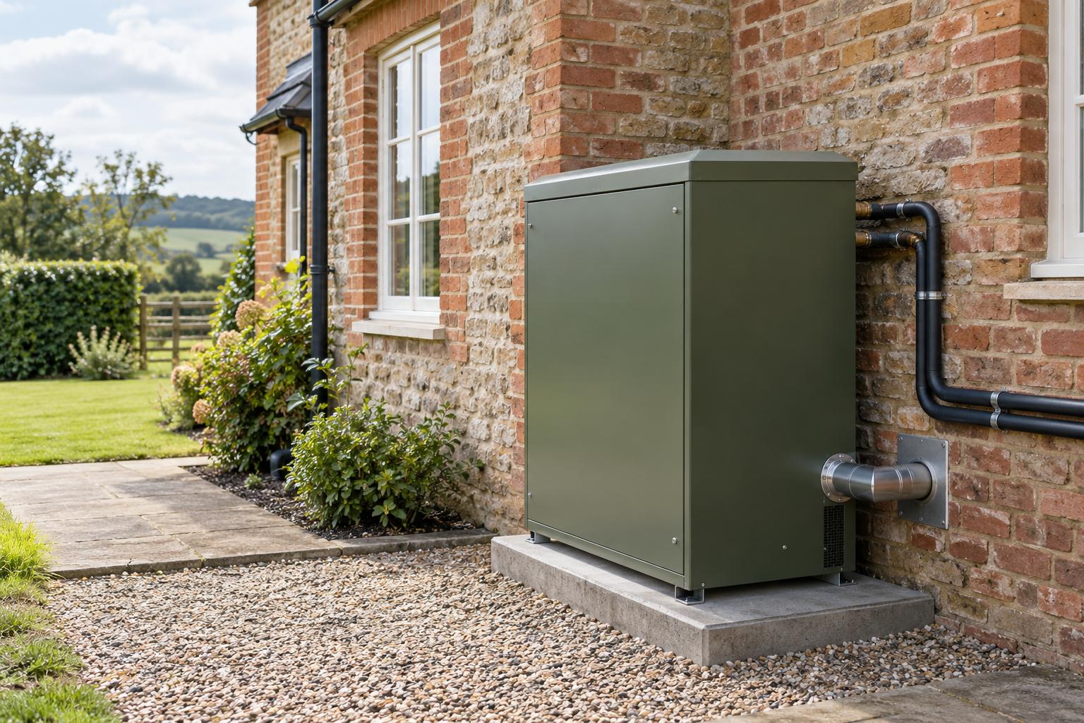 External oil boiler in a weatherproof cabinet beside a brick cottage