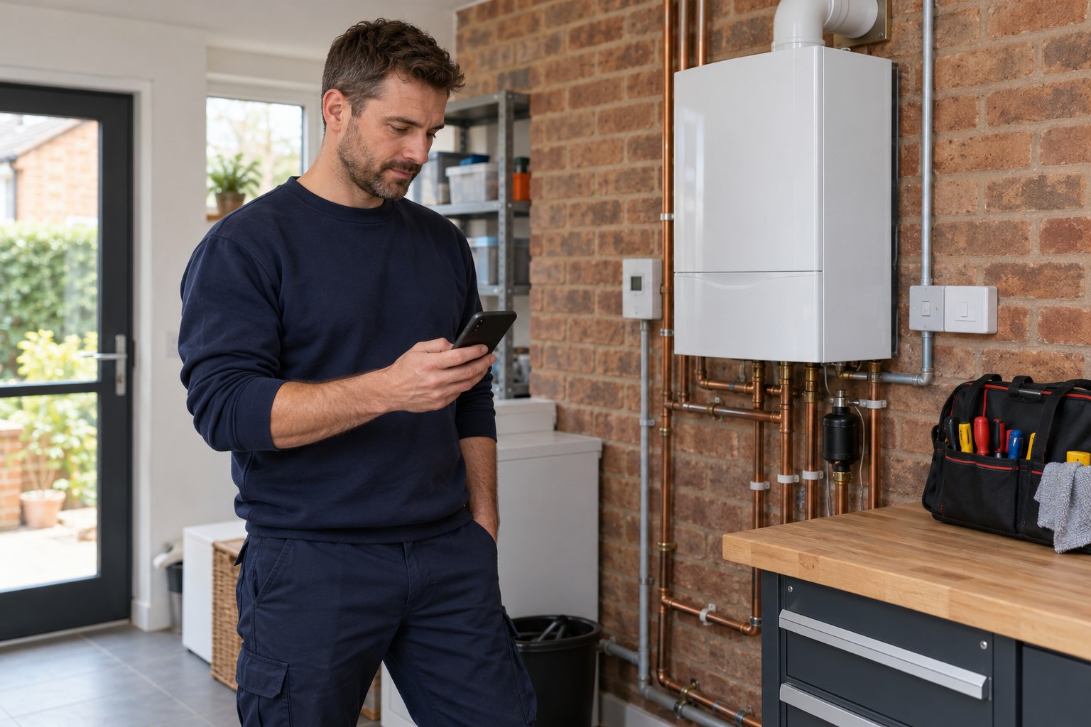 Heating engineer checking a mobile phone beside a closed boiler in a utility room