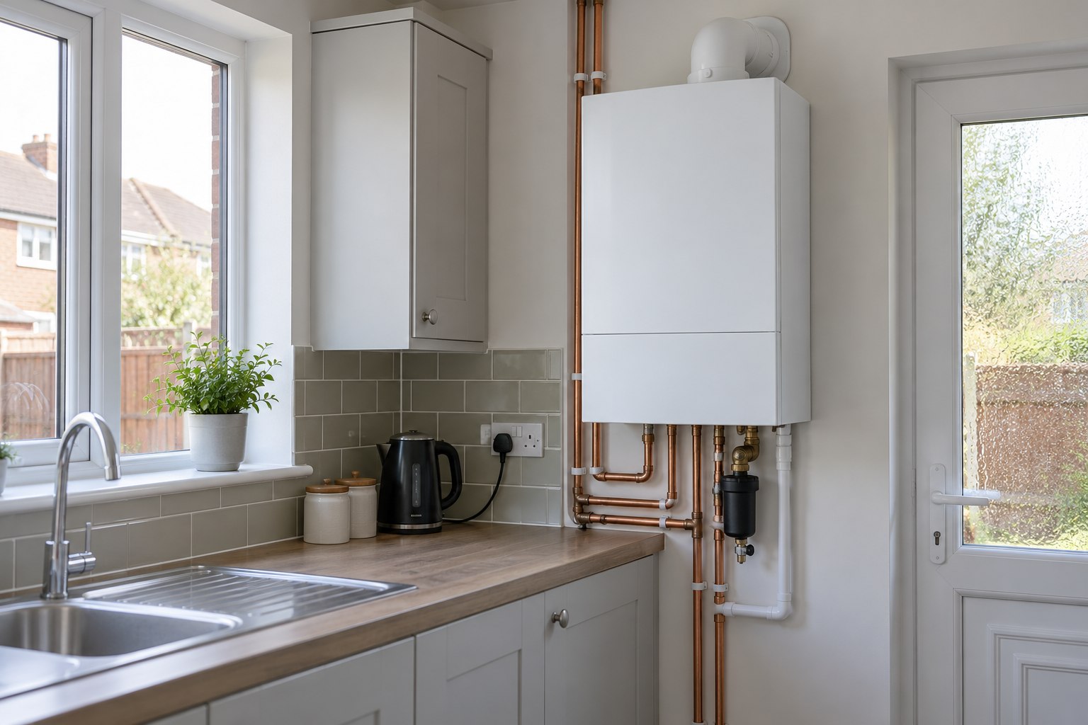 White wall-mounted combi boiler with copper pipework in a fitted kitchen