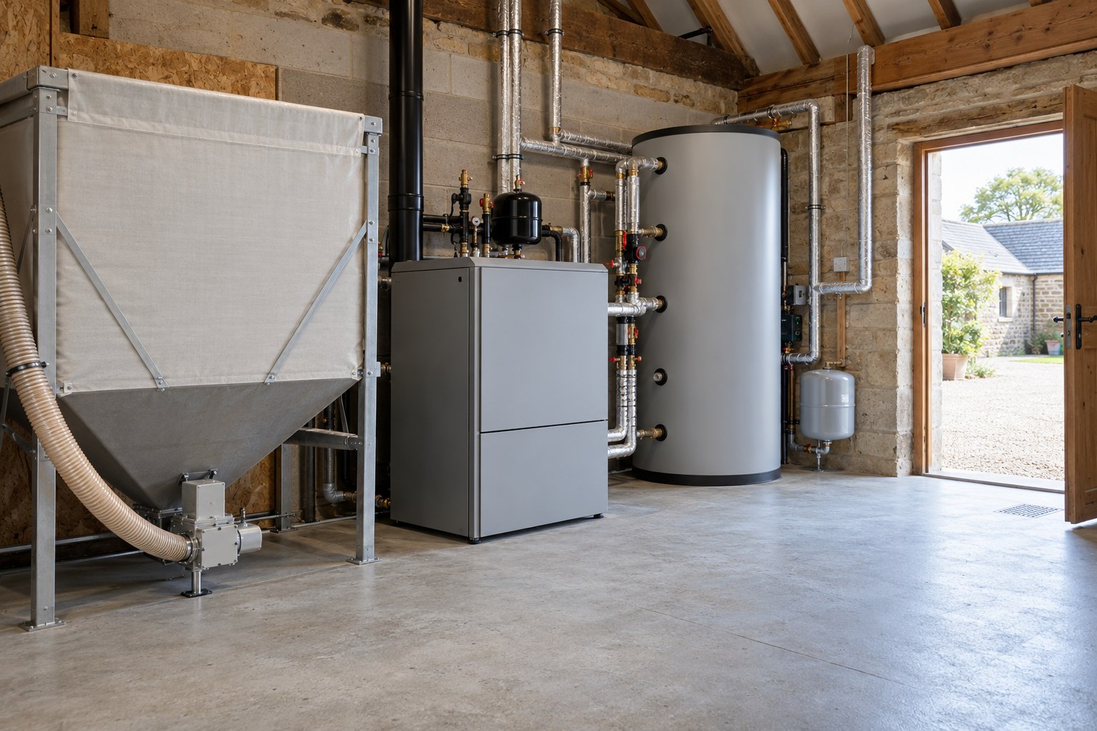 Pellet biomass boiler beside an insulated buffer tank in a rural plant room