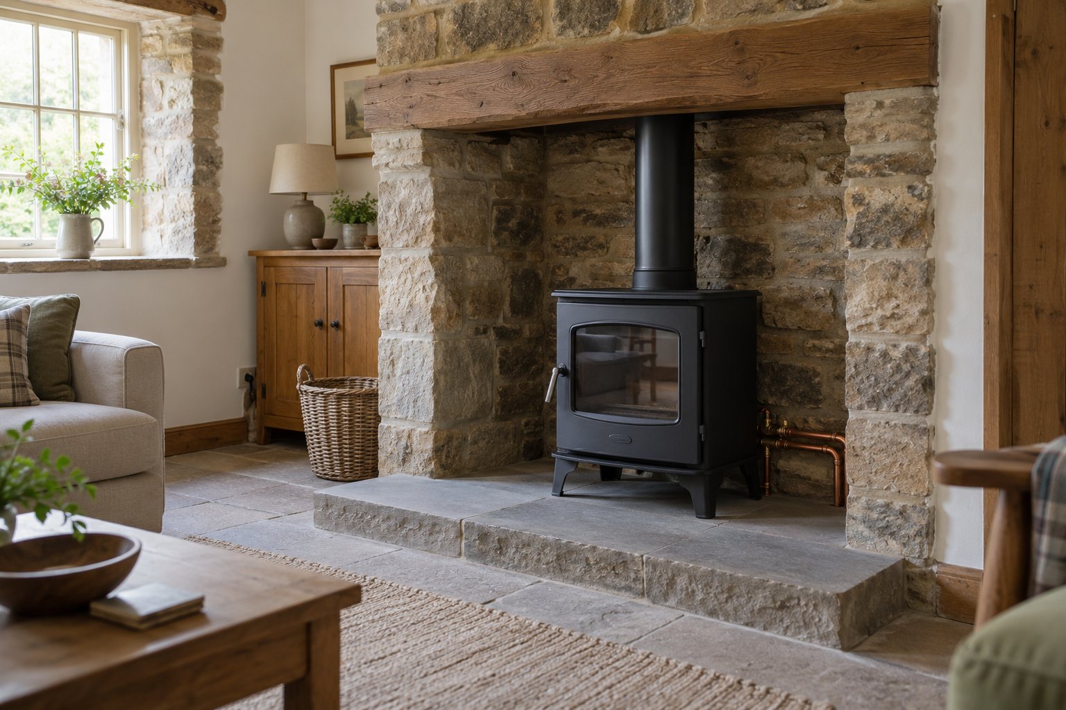 Closed boiler stove on a non-combustible hearth in a stone cottage